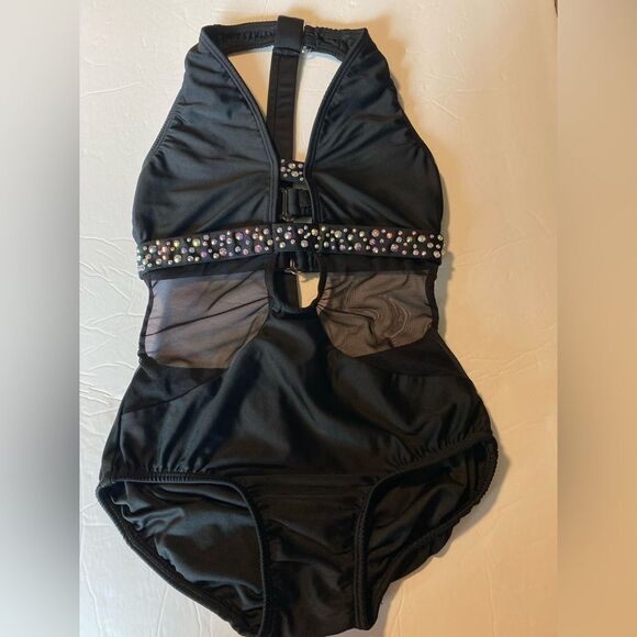 AA dance design costume solo custom black onyx cutout rhinestone mature adult XS - Picture 3 of 11